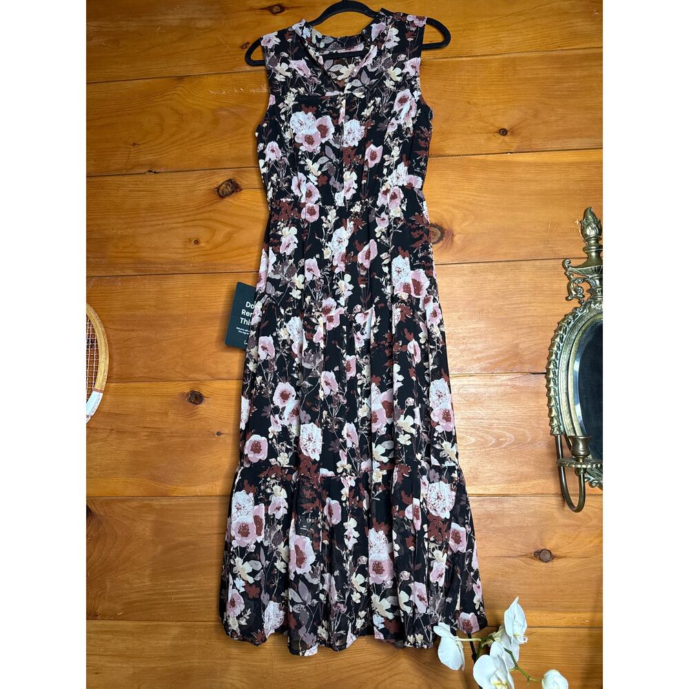 NWT Lulus In My Dreams Black and Pink Floral Print Midi Dress Tiered Cruise Sz S - Picture 5 of 8